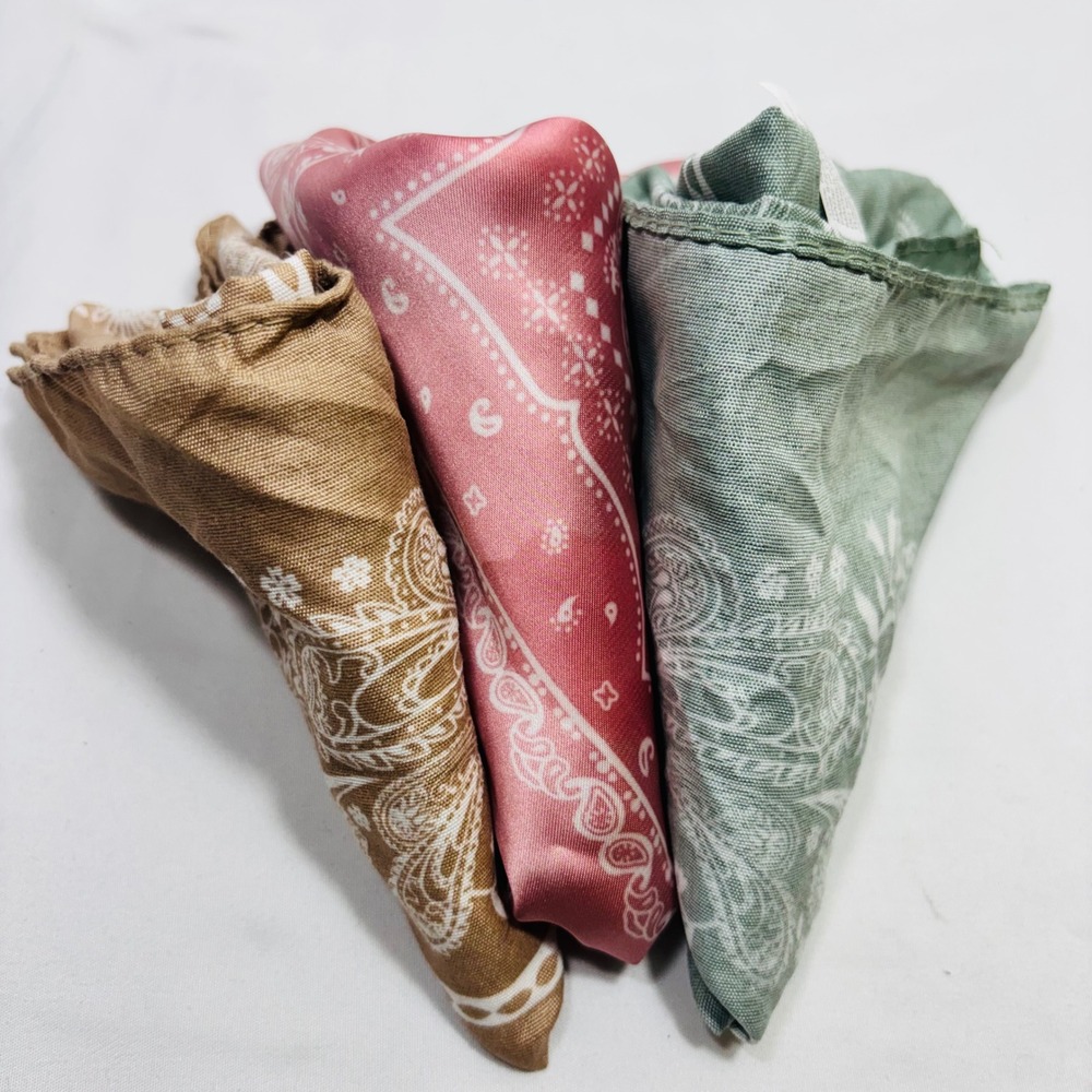 3pc Paisley Bandana Scarf Set Sage Green Pink Tan Boho Hair Neck Accessory - Picture 8 of 9